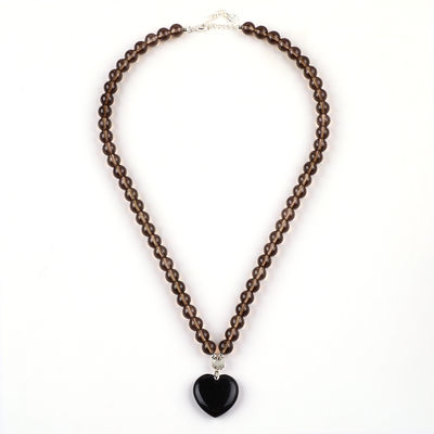 8mm Bead Black Obsidian Smoky Quartz Crystal Stone Necklace Vàng