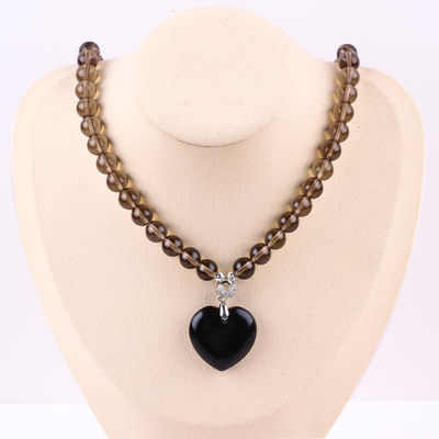 8mm Bead Black Obsidian Smoky Quartz Crystal Stone Necklace Vàng
