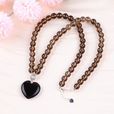 8mm Bead Black Obsidian Smoky Quartz Crystal Stone Necklace Vàng
