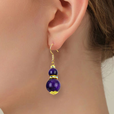 Đá thiên nhiên tinh thần màu tím Tiger Eye Crystal Round Shape Dangle Hook Băng tai cho mặc hàng ngày