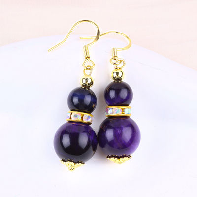Đá thiên nhiên tinh thần màu tím Tiger Eye Crystal Round Shape Dangle Hook Băng tai cho mặc hàng ngày