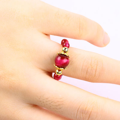 4MM Rose Red Tiger Eye Crystal Stretch Round Bead Ring Healing Stone Adjustable Ring Cho Unisex