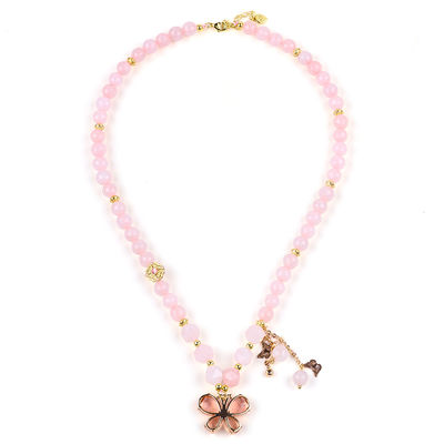 Butterfly Charm Rose Quartz Stone Crystal Sweater Necklace Căn trị cảm xúc