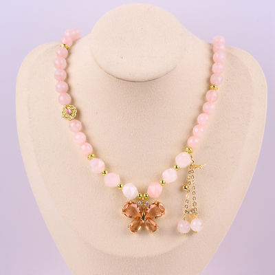 Butterfly Charm Rose Quartz Stone Crystal Sweater Necklace Căn trị cảm xúc