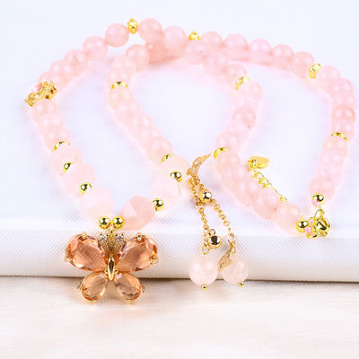 Butterfly Charm Rose Quartz Stone Crystal Sweater Necklace Căn trị cảm xúc