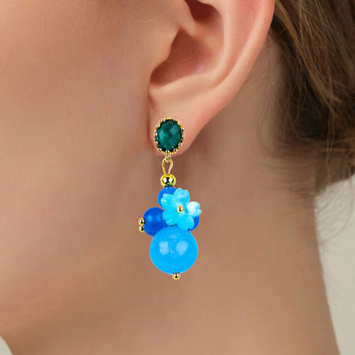 Blue Chalcedony Crystal làm thủ công DIY Pendant Oval Bead Stud Bàn tai phù hợp cho việc mặc hàng ngày