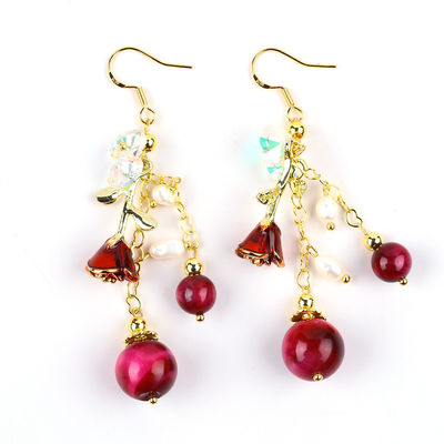 10MM 8MM Hoa hồng màu đỏ Tiger Eye Crystal And White Pearl With Rose Flower Dangle Long Earring cho bữa tiệc và mặc hàng ngày