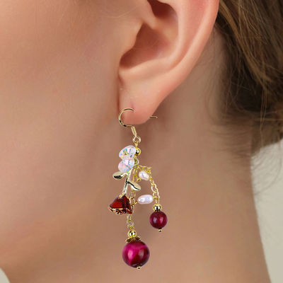 10MM 8MM Hoa hồng màu đỏ Tiger Eye Crystal And White Pearl With Rose Flower Dangle Long Earring cho bữa tiệc và mặc hàng ngày