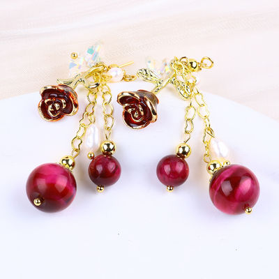 10MM 8MM Hoa hồng màu đỏ Tiger Eye Crystal And White Pearl With Rose Flower Dangle Long Earring cho bữa tiệc và mặc hàng ngày