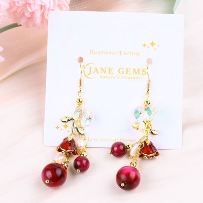 10MM 8MM Hoa hồng màu đỏ Tiger Eye Crystal And White Pearl With Rose Flower Dangle Long Earring cho bữa tiệc và mặc hàng ngày
