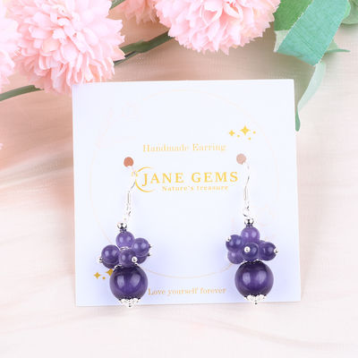 8MM màu tím mắt mèo tay làm bằng tay đinh hoa Dangle vòng tai thiết kế độc đáo vòng tai cho mặc hàng ngày