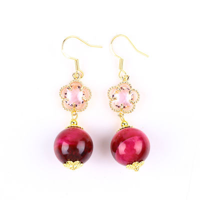 14MM Rose Red Tiger Eye With Pink Flower Charm Round Shape Short Drop Earring Cho bữa tiệc quà tặng