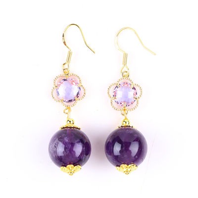 Tay làm Amethyst tự nhiên tinh thể 14MM hình dạng tròn lớn đeo vòng tai góc ngắn cho quà trang sức