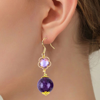 Tay làm Amethyst tự nhiên tinh thể 14MM hình dạng tròn lớn đeo vòng tai góc ngắn cho quà trang sức