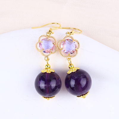 Tay làm Amethyst tự nhiên tinh thể 14MM hình dạng tròn lớn đeo vòng tai góc ngắn cho quà trang sức