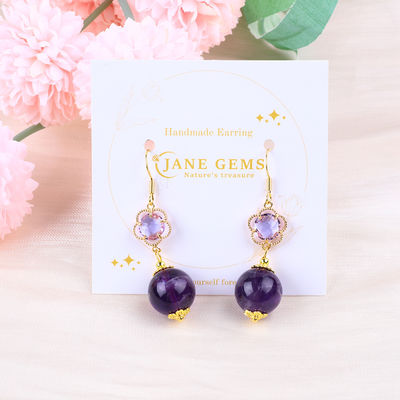 Tay làm Amethyst tự nhiên tinh thể 14MM hình dạng tròn lớn đeo vòng tai góc ngắn cho quà trang sức