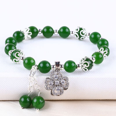 Đá ngọc bích màu xanh lá cây 8MM với hoa hoa quyến rũ chữa bệnh tinh thần hình tròn vòng kéo vòng đeo tay đeo vòng đeo tay đeo vòng đeo tay