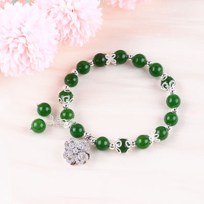 Đá ngọc bích màu xanh lá cây 8MM với hoa hoa quyến rũ chữa bệnh tinh thần hình tròn vòng kéo vòng đeo tay đeo vòng đeo tay đeo vòng đeo tay