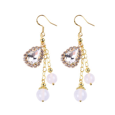 10MM 8MM Natural Crystal White Agate With Sparkling Teardrop Charm Dangle Bead Earring (Máy thông minh màu trắng tinh thể)