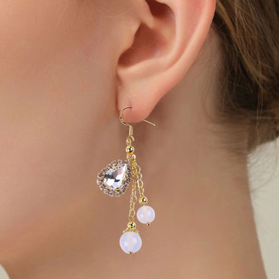 10MM 8MM Natural Crystal White Agate With Sparkling Teardrop Charm Dangle Bead Earring (Máy thông minh màu trắng tinh thể)