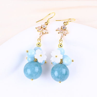 Đồ đạc cá nhân DIY Crystal Aquamarine With White Flower Charm Round Shape Bead Earring For Daily Wearing (Đồ đeo hàng ngày)