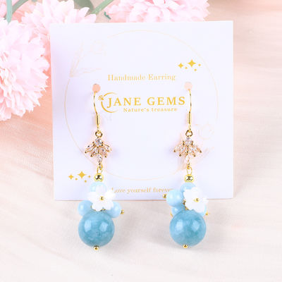 Đồ đạc cá nhân DIY Crystal Aquamarine With White Flower Charm Round Shape Bead Earring For Daily Wearing (Đồ đeo hàng ngày)