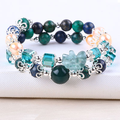 Unicorn chạm khắc điều chỉnh 2 Lớp Azurite đá Crystal vòng tay