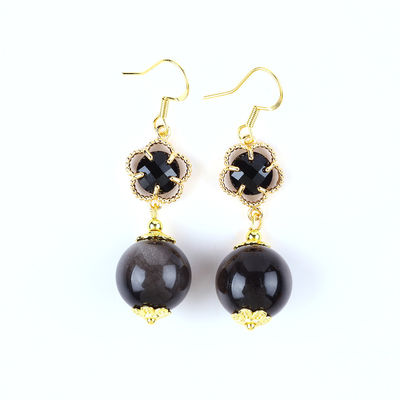 Vòng tai làm bằng đá tinh thể làm bằng tay Bạc sáng bóng Obsidian Đá quý đeo hạt Vòng tai chữa bệnh Vòng tai đá tinh thể