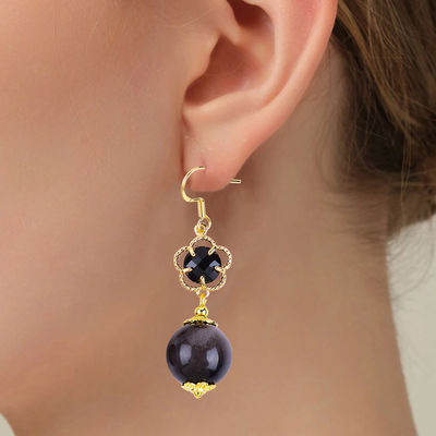 Vòng tai làm bằng đá tinh thể làm bằng tay Bạc sáng bóng Obsidian Đá quý đeo hạt Vòng tai chữa bệnh Vòng tai đá tinh thể