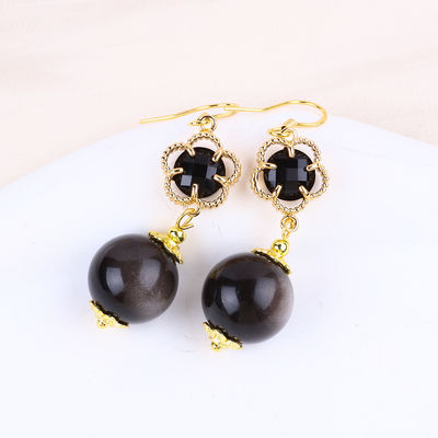 Vòng tai làm bằng đá tinh thể làm bằng tay Bạc sáng bóng Obsidian Đá quý đeo hạt Vòng tai chữa bệnh Vòng tai đá tinh thể