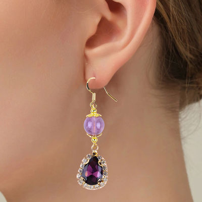 Vòng tai bằng đá quý thủ công Vòng tai bằng ngọc trai có hạt Amethyst Vòng tai dây chuyền chữa bệnh Vòng tai bằng đá tinh thể Amethyst
