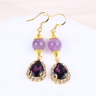 Vòng tai bằng đá quý thủ công Vòng tai bằng ngọc trai có hạt Amethyst Vòng tai dây chuyền chữa bệnh Vòng tai bằng đá tinh thể Amethyst