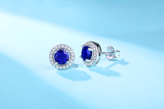 Màu xanh 925 Sterling Silver Zircon Round Gemstone Stud Bàn tai để tặng quà